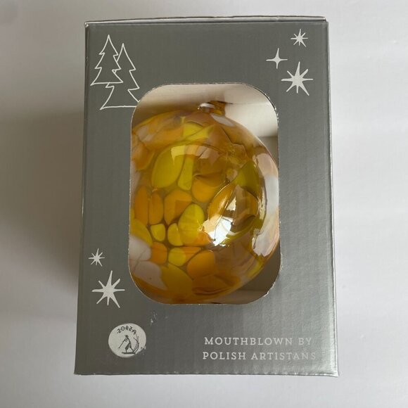 Handmade Polish Mouthblown Glass Ball Christmas Ornament, Poland, Yellow, Orange - Picture 2 of 5